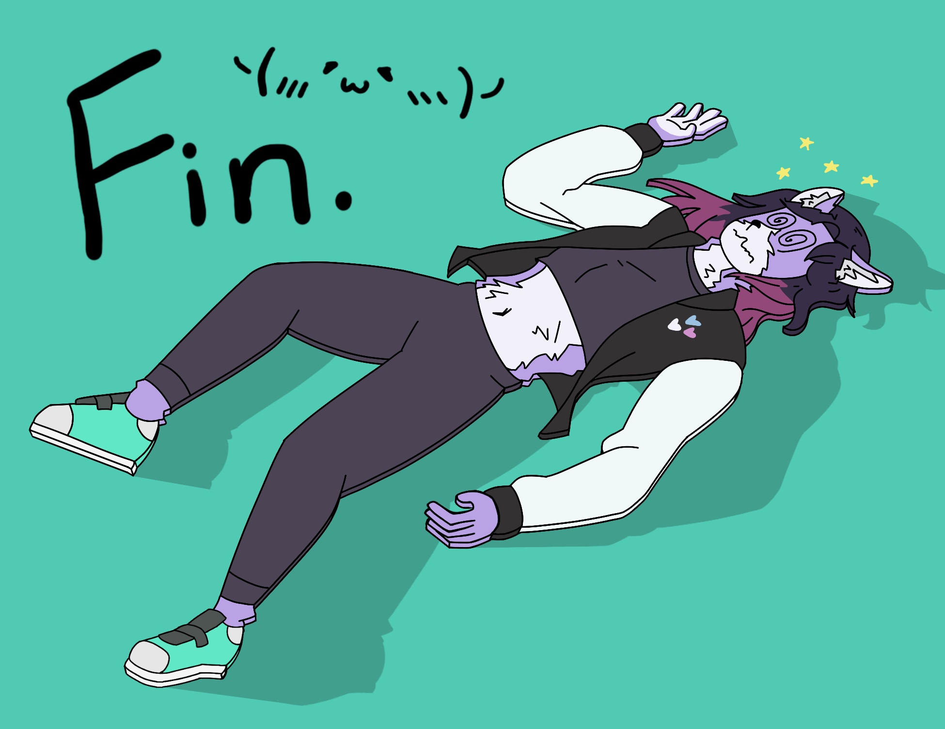 My fursona, flat as paper, laying on the ground in a generic chalk outline dead person pose. Text on the left says 'Fin.', with a smiling kaomoji